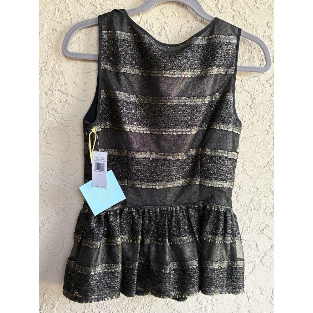 CeCe By Cynthia Steffe NWT Black Gold Metallic Size 4 Womans Lined Peplum Blouse